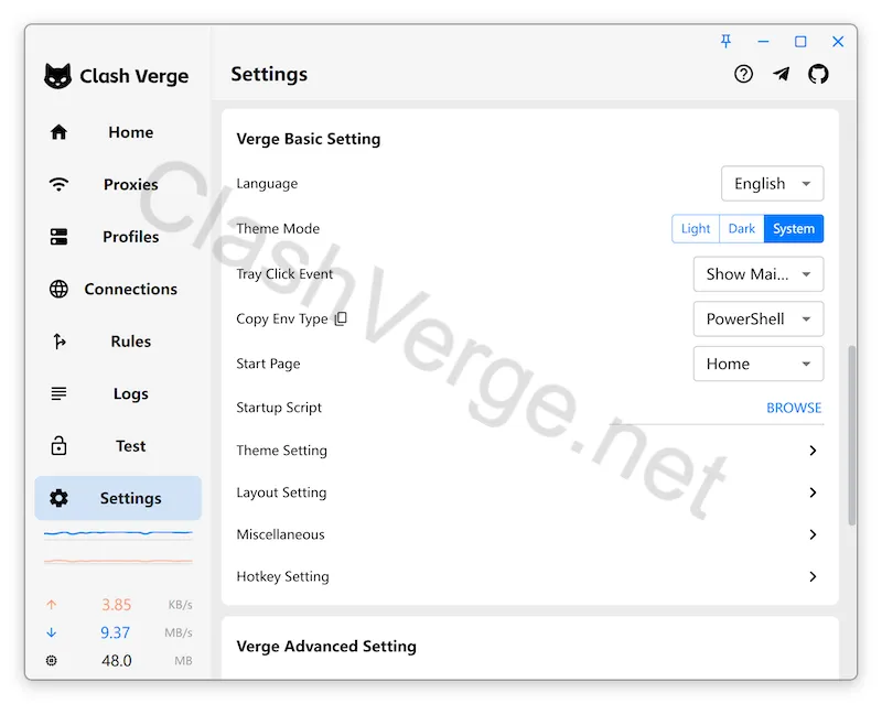 Theme and Interface Settings in Clash Verge Rev