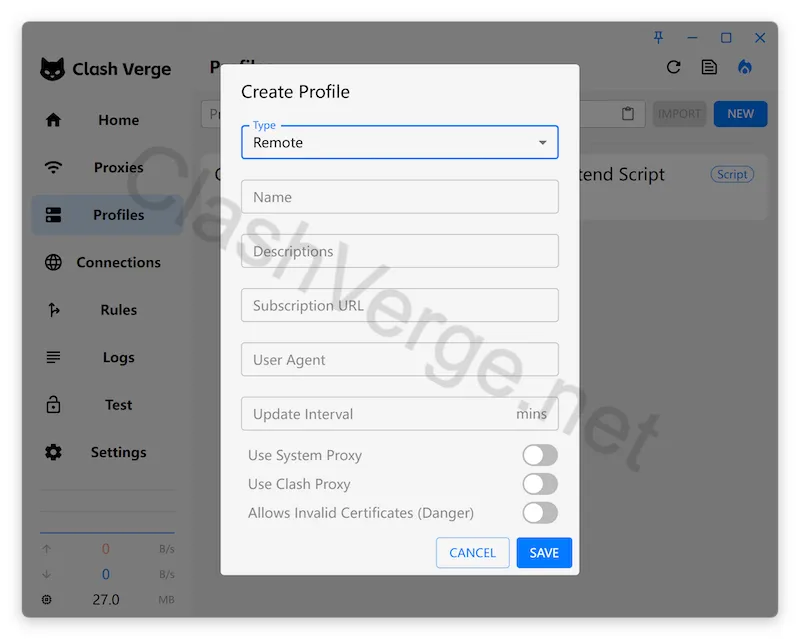 Create Profile Window in Clash Verge Rev